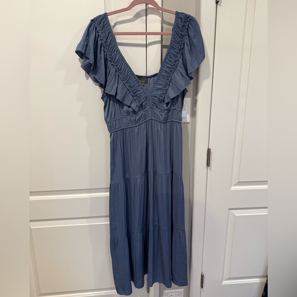 Anthropologie Blue Ruffled V-Neck Maxi Dress
